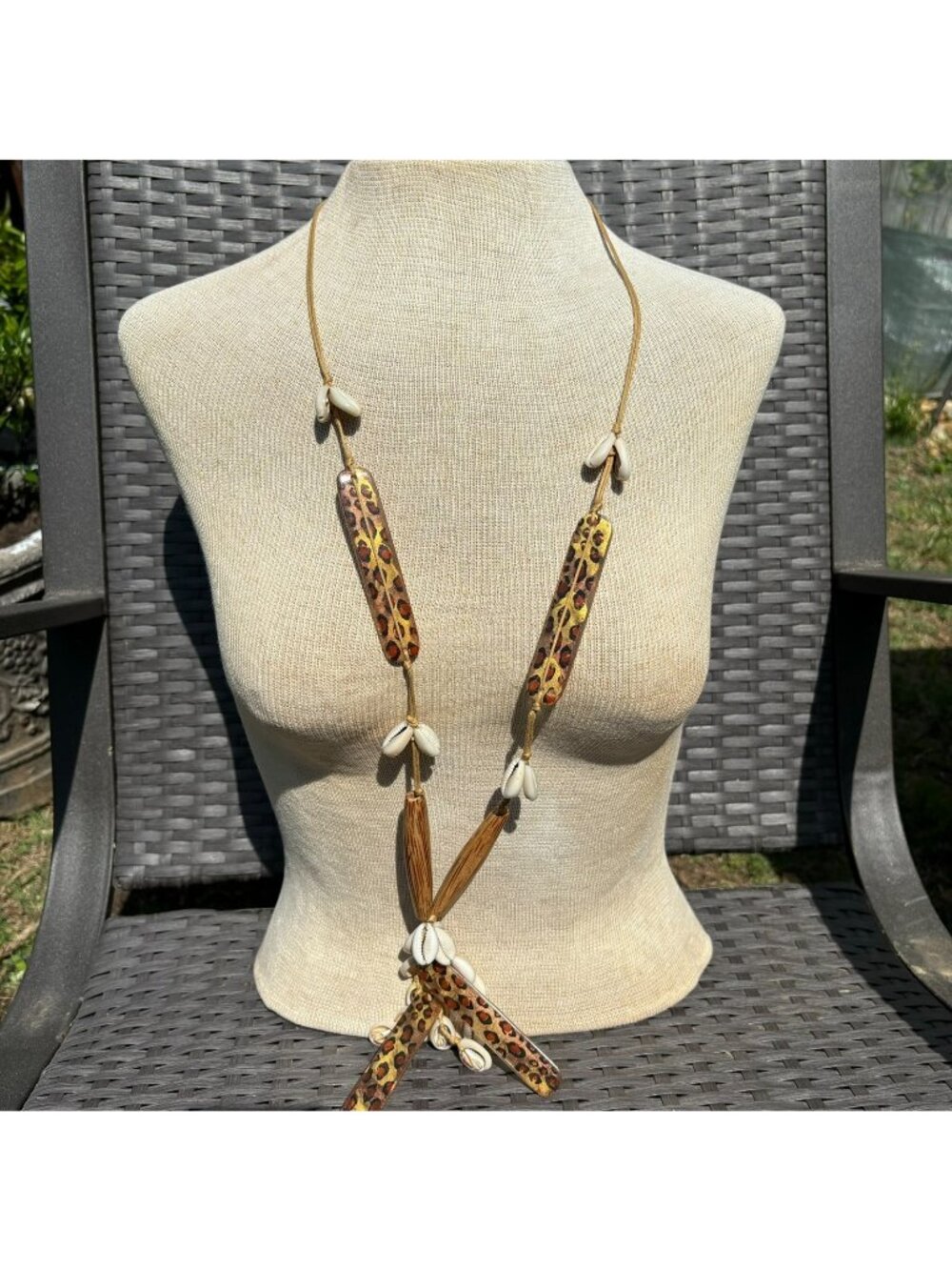 1970s Artisan Mixed Media Bead Lucite Wood Cowrie Shell Necklace